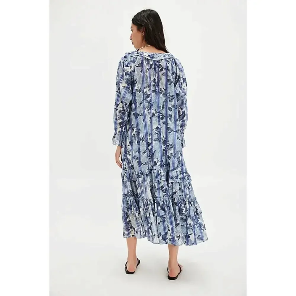Free People Dainty Ruffle Cottage Garden Wonders Maxi Dress in Blue Combo Small